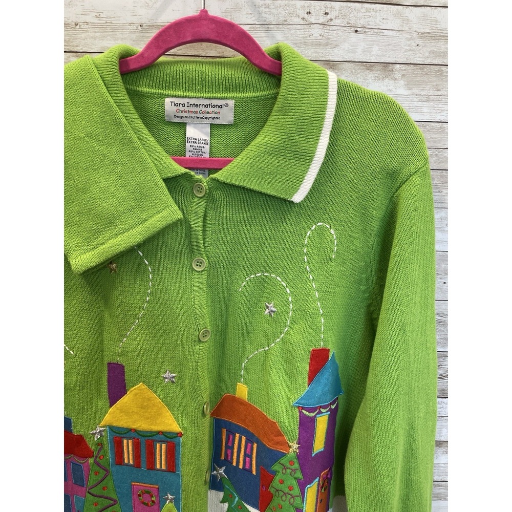 Tiara International Womens XL Christmas Sweater Snow Village Cardigan Lime Green
